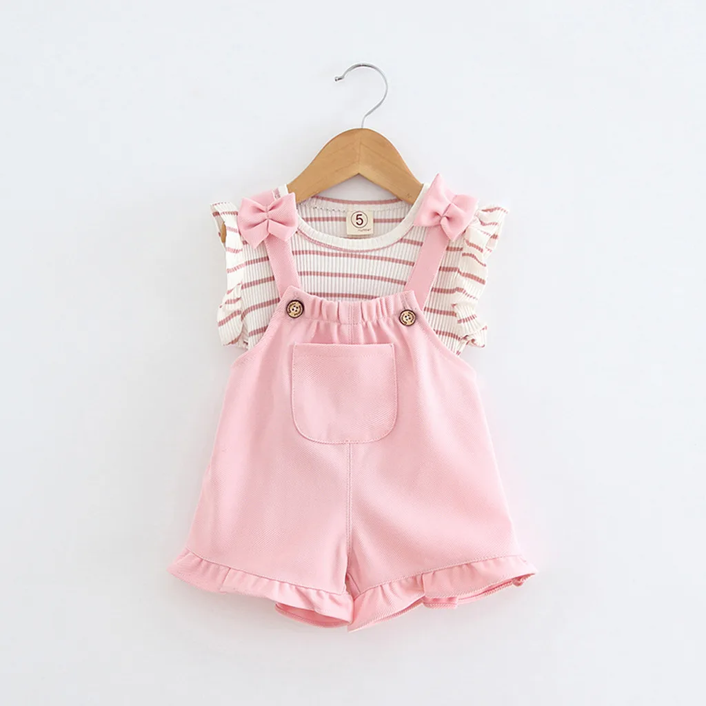 

Summer Infant Baby Kid Girl Striped Sleeveless Shirt+Suspenders Shorts Outfits Set newborn clothes girls clothing roupa infantil