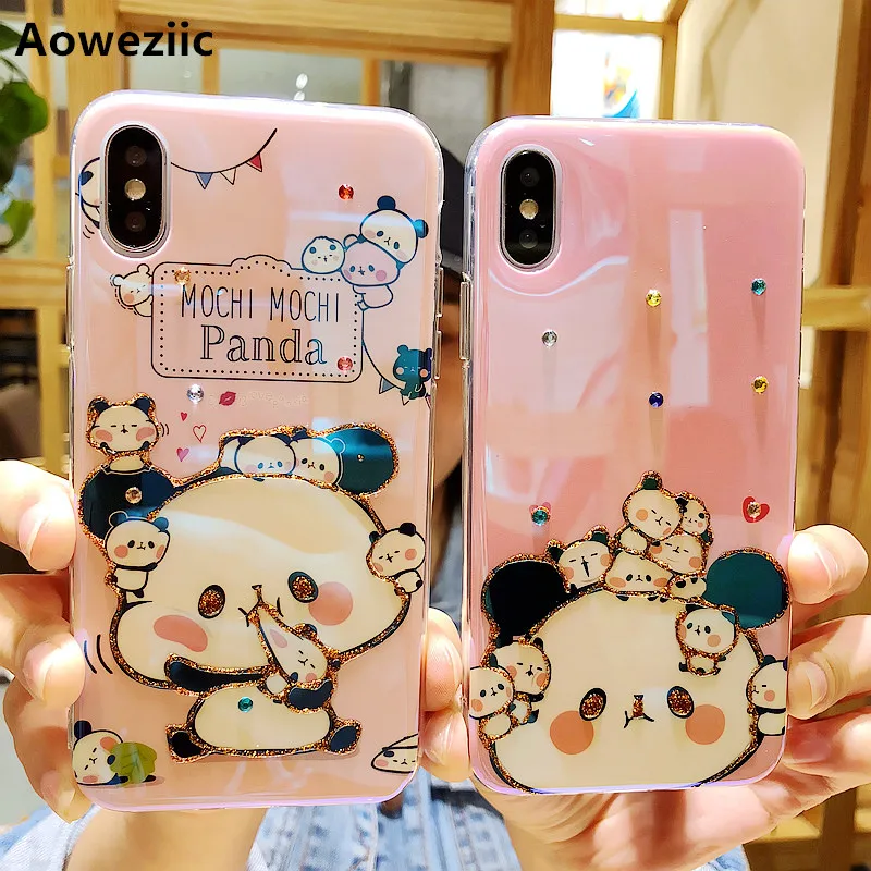 

Aoweziic New Christmas Cartoon Cute Panda for iphone xs max xr phone cases Blue 6s 7plus 8 All Inclusive Silicone Soft Shell
