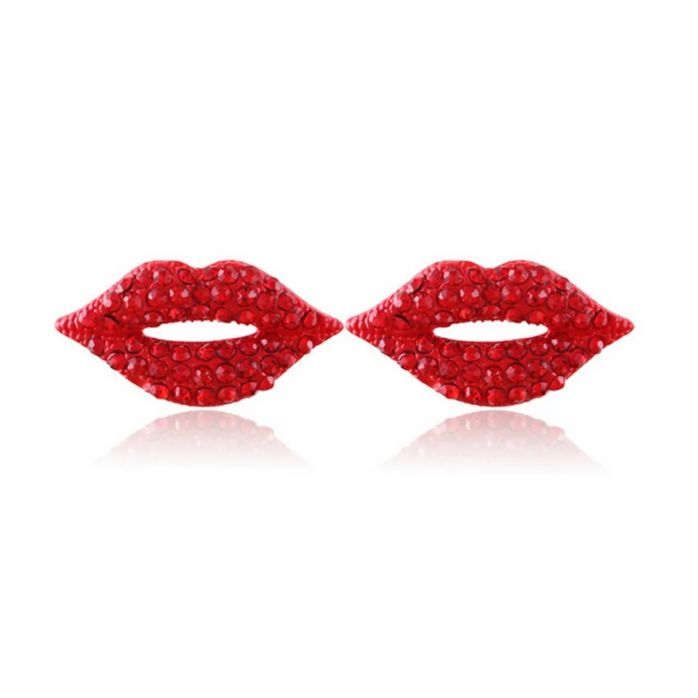 Sexy Red Lip Rhinestone Earrings For Women Jewelry 1Pair Girl Classic
