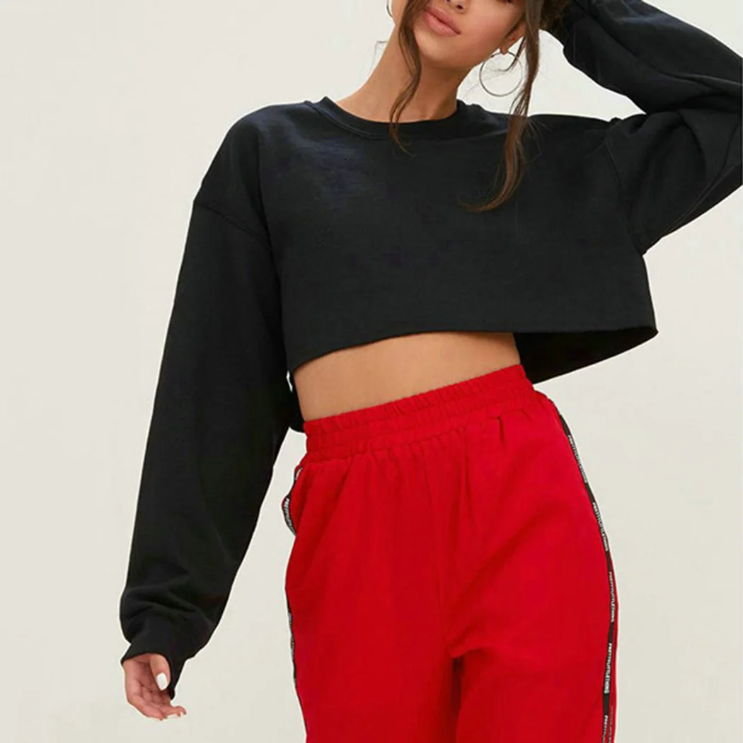 Korean Women Hoodies Crop Top Fashion Long Sleeve Loose