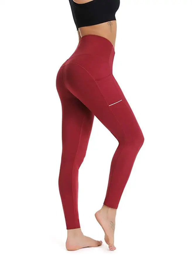 Женские леггинсы для фитнеса с карманом для телефона, эластичные обтягивающие спортивные штаны для бега, Женские Бесшовные Леггинсы пуш-ап с высокой талией для спортзала - Цвет: Красный