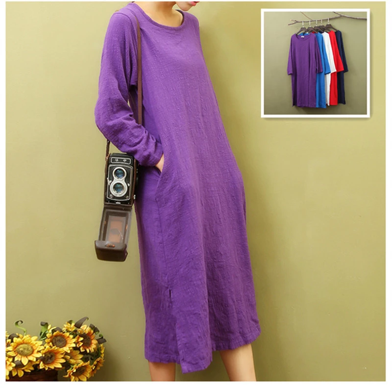 

Johnature Women Cotton Linen Dress O-Neck Long Sleeve 2019 Autumn New Fashion Loose Casual Women Clothes 5 Colour Dress Sweet