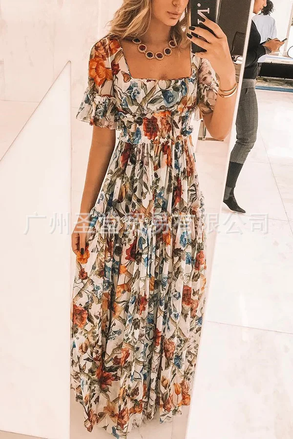 

Plus Size Women Dress Long Floral Dress Women Flower Maxi Dress Summer Chiffon Beach High Waist Bohemian Vestidos