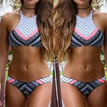 2016 Summer Styles Triangle Sexy Crop Top Hang High Neck Bikinis Set Thick Padded Swimwear Women Low Waist Swimsuit Bathing Suit