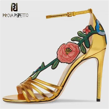 

Prova Perfetto New Embroidered Thin High Heels Sandals Women Narrow Band Ankle Buckle Gold Party Shoes Woman Big Size 33-44 Shoe