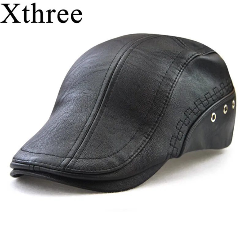 

Xthree spring men's hat Faux Leather Beret hat casquette cap Hats for Men Visors Sun hat Gorras Planas Flat Caps PU