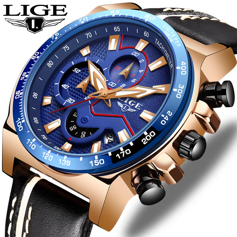 

LIGE New Mens Watches Top Luxury Quartz Watch Blue Casual Leather Military Watch Men Waterproof Sport Clock Relogio Masculino