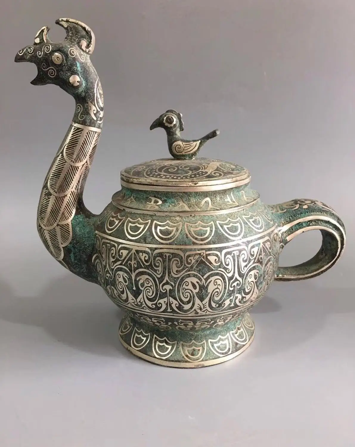 

Chinese Warring States bronze hand-made silver-plated cock jug teapot Decoration