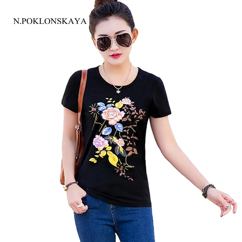 

N.POKLONSKAYA Fashion Lady Cotton T-shirts 2017 Lady Floral Print Tops Plus Size L-4XL Summer Women Lace Slim Tees Black White