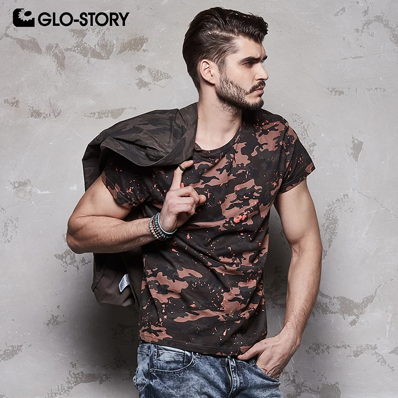 GLO-STORY Для мужчин s 2018 футболка с короткими рукавами 100% хлопок камуфляж О-образным