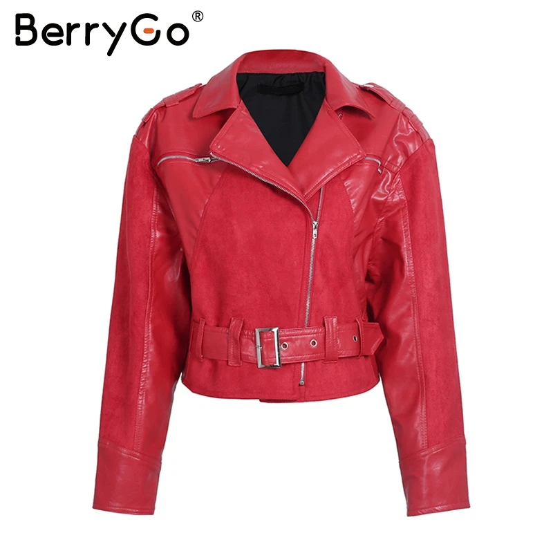 BerryGo/Модная красная куртка из искусственной кожи пальто женский ремень молния