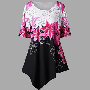 Короткое платье с цветочным принтом размера плюс, женское летнее платье с асимметричным подолом, повседневное богемное пляжное мини-платье с коротким рукавом, Vestidos, распродажа - Цвет: rose