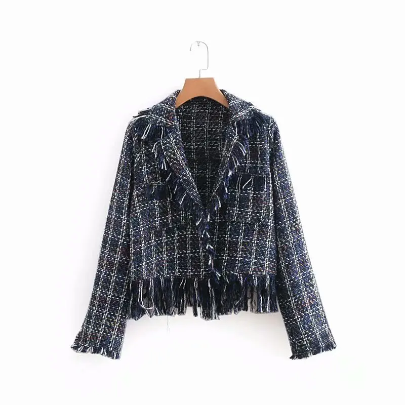 2018 Fall New Women Notched Gingham Check Tweed Jacket