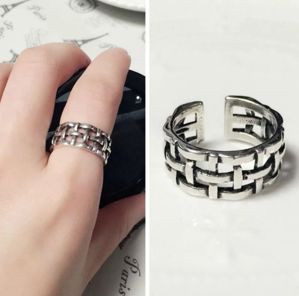 

925 Sterling silver retro do the old Roman checkered fashion ring opening index finger ring ring for women