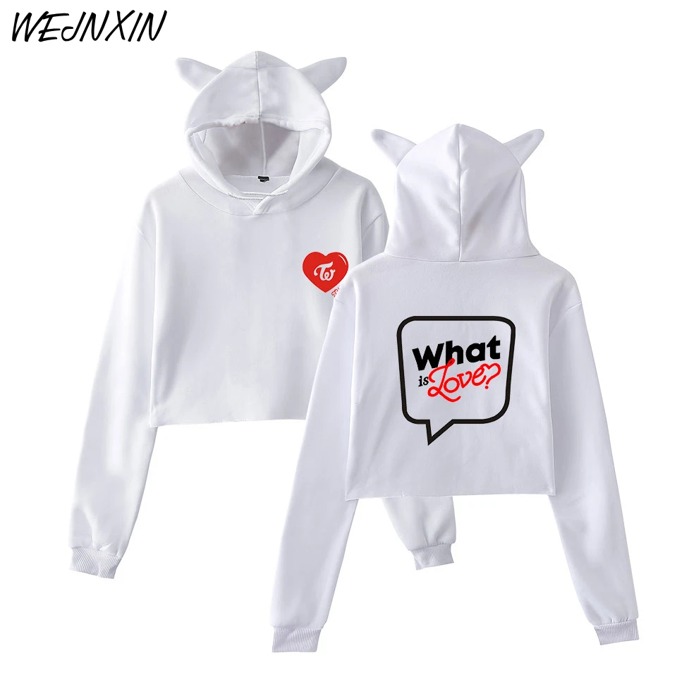 

WEJNXIN Kawaii Cat Ears Kpop Twice Hoodies Women Sexy Cropped Pullover Twice What Is Love Album Fans Crop Tops Sweatshirt