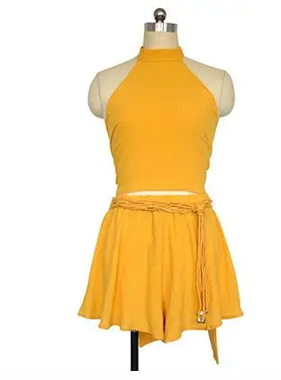 Yellow Повседневные Модные женские пляжные с круглым вырезом без рукавов однотонные сексуальные с открытыми плечами и поясом свободный комбинезон для путешествий комбинезон - Цвет: Yellow