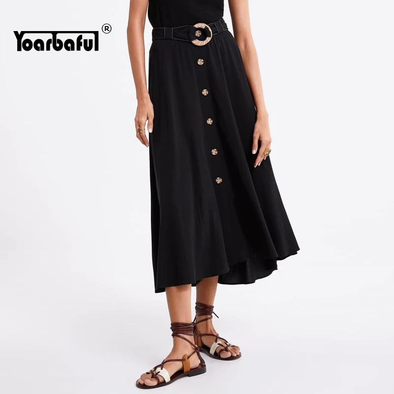 

High Waist Button Skirts Womens Elegant Black A Line OL Skirt Female European Style Belt Waist Overskirt 2019