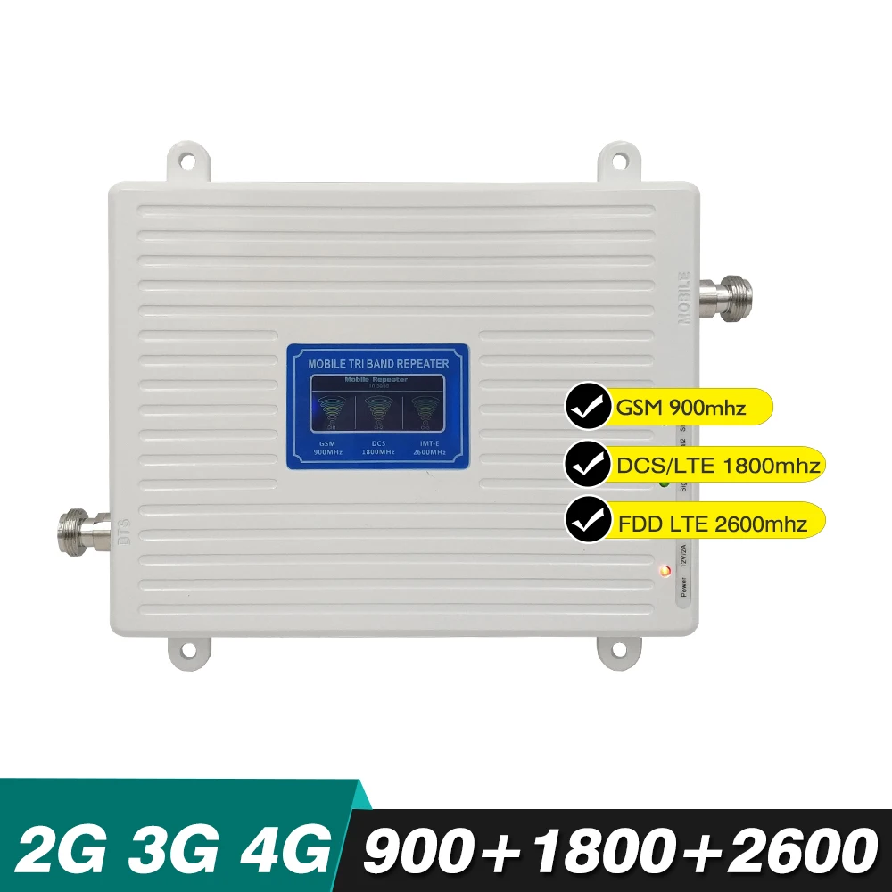

2G 3G 4G Tri Band Signal Booster GSM 900MHz+DCS LTE 1800MHz+FDD LTE 2600MHz Cell Phone Signal Booster Cellular Signal Amplifier