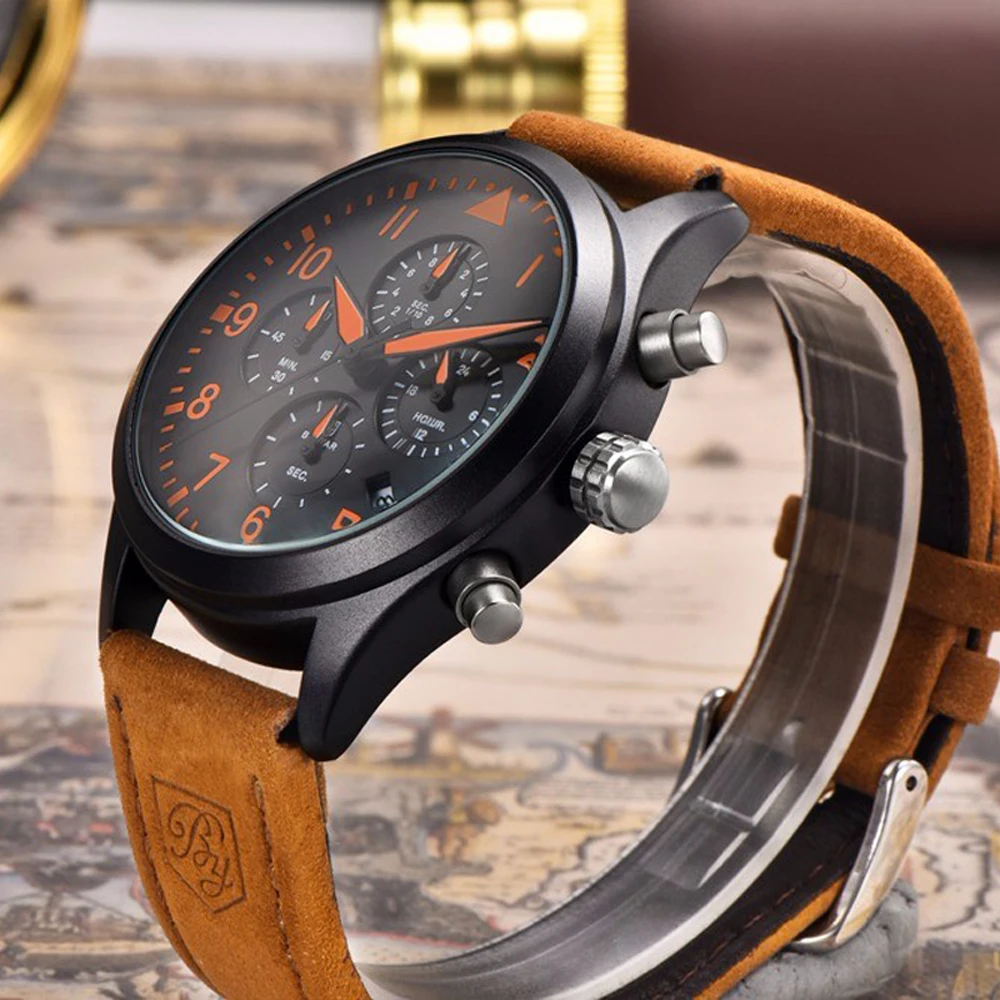 BENYAR Leather Fashion Chronograph Waterproof Sports Watch Pilot series Luxury Brand Date Multifunction Men's Quartz Watch Clock