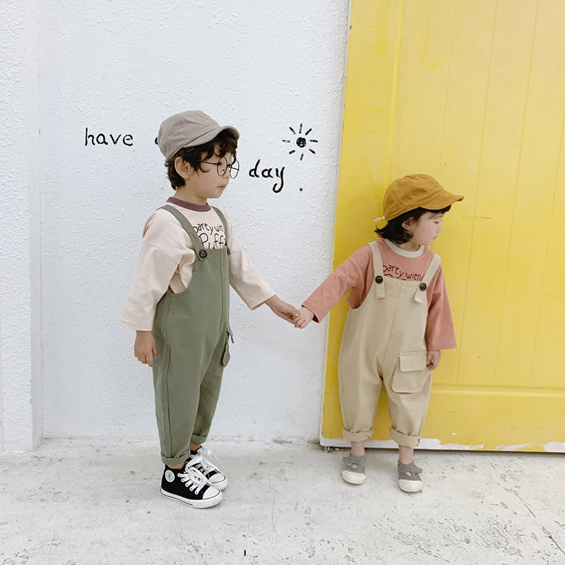Coreano das Crianças para Meninas de Moda Meninos da Criança Jumpsuit Ocasional Macacão Bolso Grande Calças 2 3 4 5 6 7 Anos Crianças Macacões Novo 7 High Quality Mamãe e Bebê