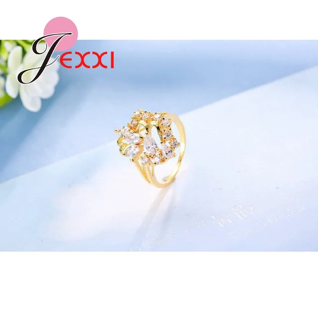 JEXXI Leaves Style  Gold Filled Rings For Women Cubic Zirconia Crystal Ring Luxury Wedding Fashion Jewelry Engagement Rings