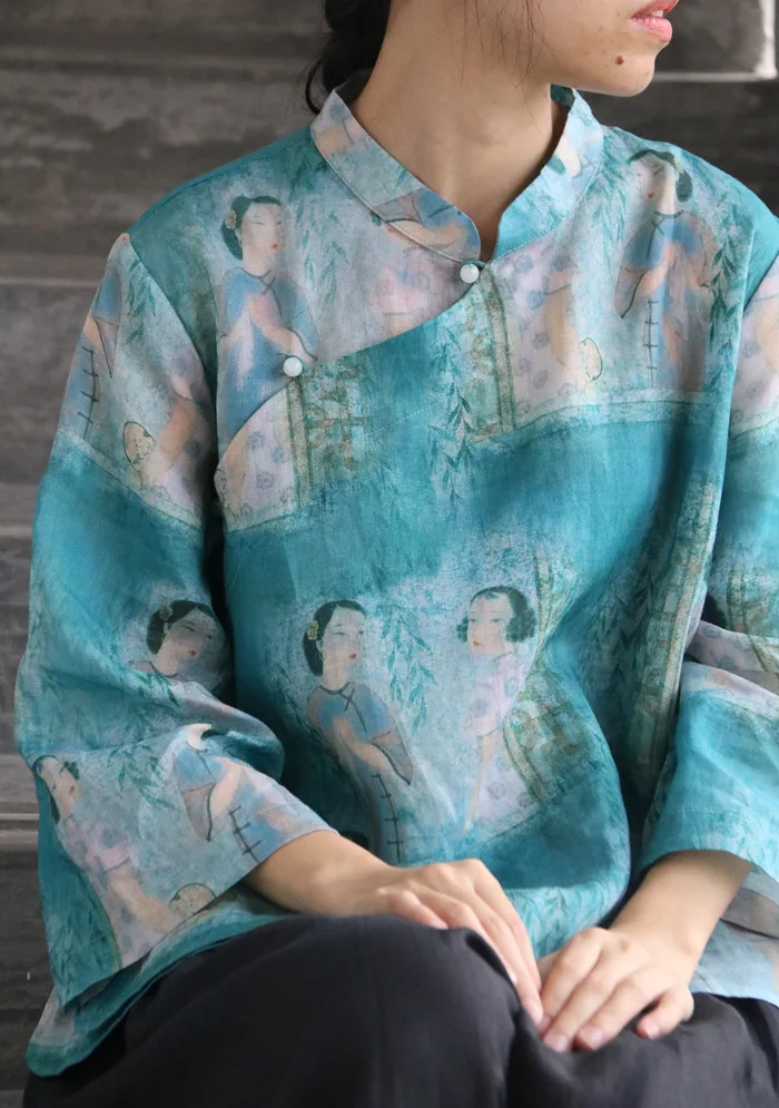 

Chinese Vintage Maid Character Print Stand Collar Beads Button Linen Shirt, Summer Cool Loose Lady Green Pattern Blouse Shirts