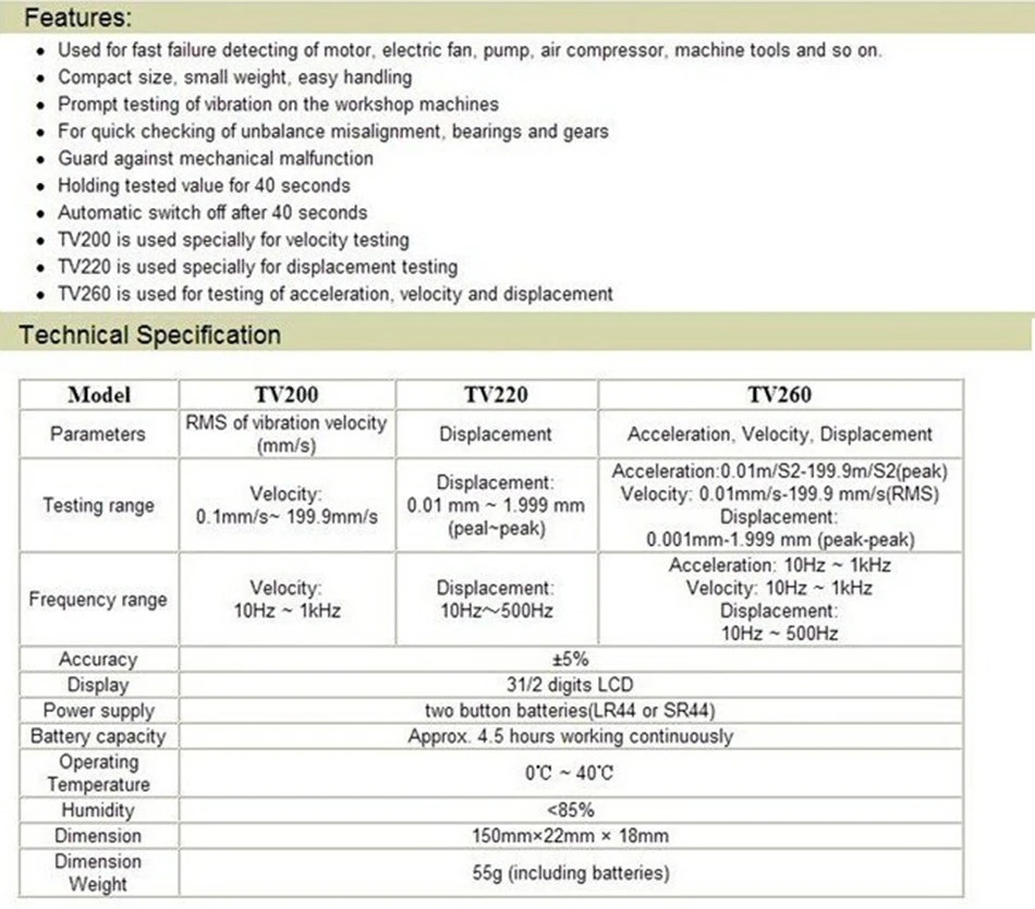 TV200 ручка типа вибрации частотомер диапазон скорости 10 Гц-1 кГц оборудование обнаружения безопасности