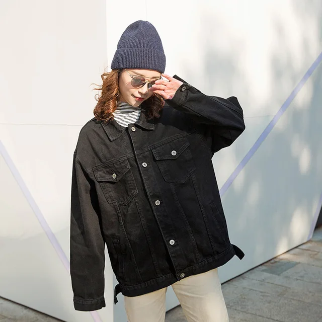 US $32.99 2019 Women jeans jacket black long basical denim jacket coat single breasted Full Sleeves BF fashio