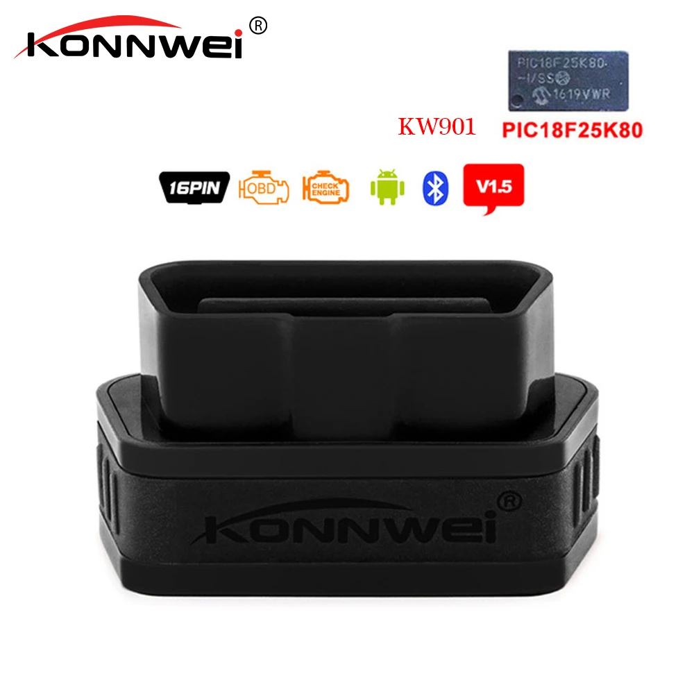

Konnwei KW901 OBD2 bluetooth 3.0 V1.5 PIC18F25K80 Chip Diagnostic tool Code Scanner Reader OBD 2 ELM 327 Bluetooth For Android