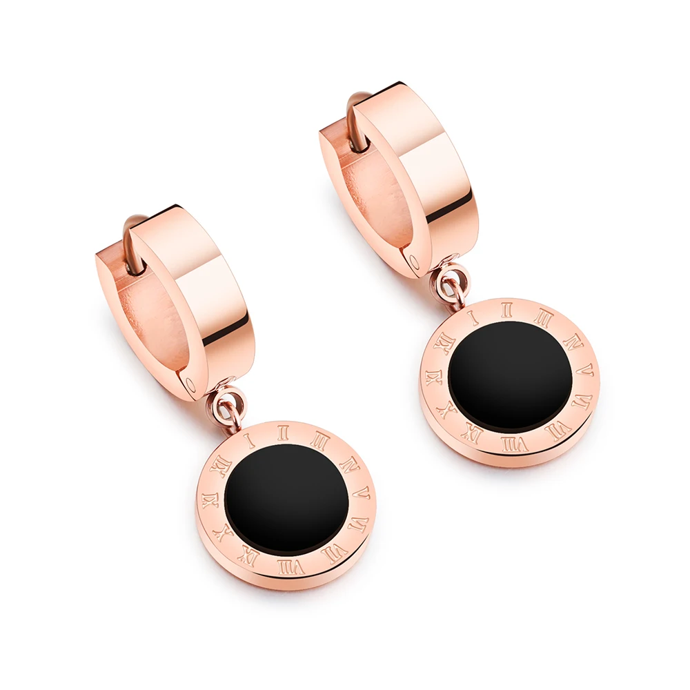 

JeeMango Black Single-sided Roman Numerals Round Circle Earrings Titanium Steel Rose Gold Color Female Hoop Earrings OGE392