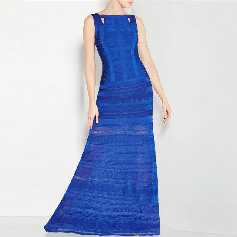 Top Quality HL Blue Pink Sleeveless Hollow Out Noble Rayon Thick Long Bandage Dress Cocktail Party