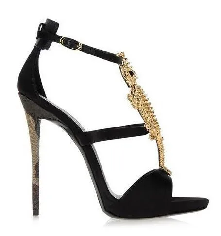 

New Arrival Sapatos Femininos Cut-outs High Heels Sandals Thin Heels Open-Toe Gold Crocodile/Alligator high heel Sandals