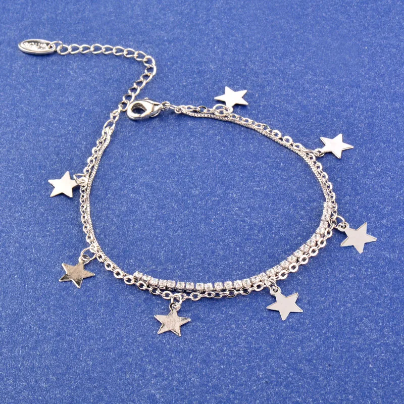 

SINLEERY Trendy Link Chain Crystal Stars Pendants 2 Layers Rose Gold Silver Bracelet Chain For Women Fashion Jewelry SL052 SSC