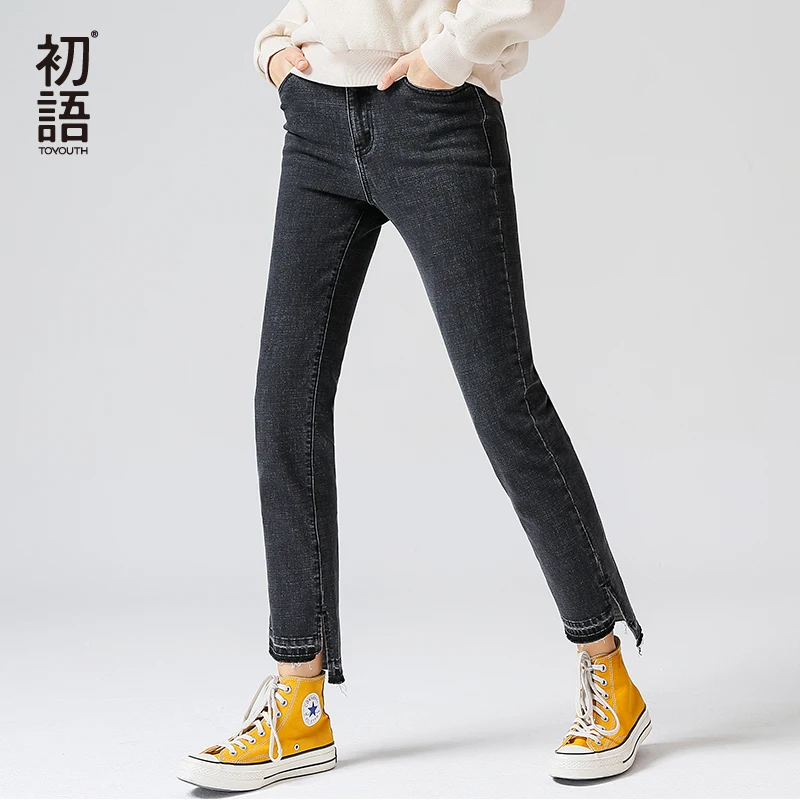 

Toyouth Vintage Jeans Woman Black Jeans 2019 Spring Slim Irregular Straight Denim Pants Female Split Long Trousers