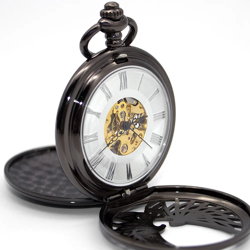 

Retro Hollow Angel Wing Mechanical Pocket Watch Roman Number Dial Pendant Necklace Chain Fob Watch Men Gift reloj de bolsillo