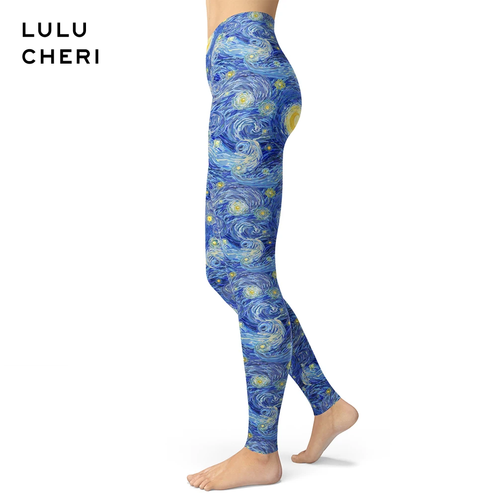 

2019 Women Sun Printing Leggings Painting Abstract Art Patterned Brushed Buttery Soft Blue Yellow Summer Slim Fitness Leggins