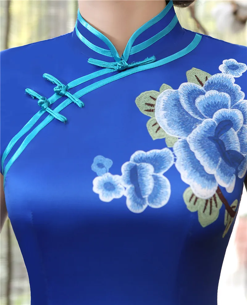 Шанхай история из искусственного шелка Китайская традиционная одежда китайский стиль платья Cheongsam короткий рукав цветочный Qipao для женщин