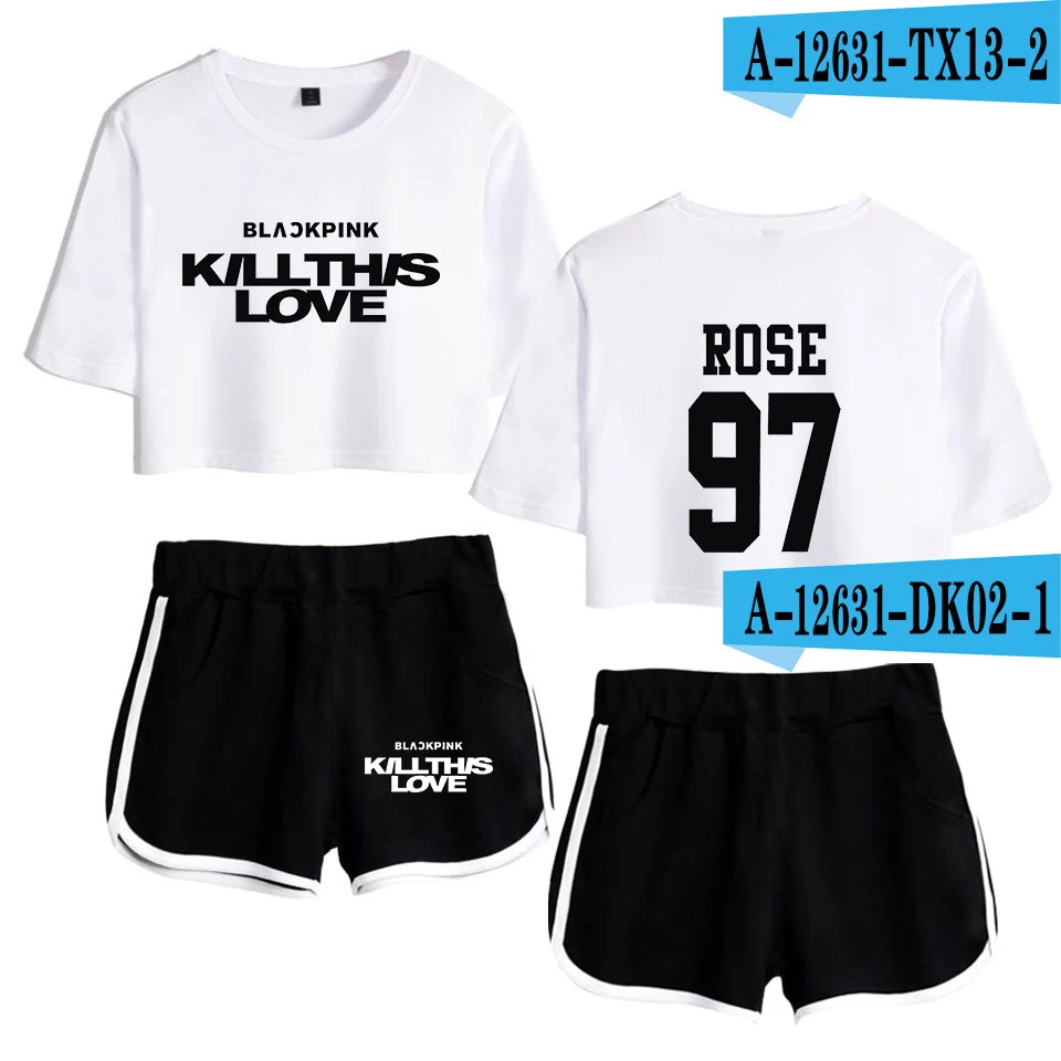 Blackpink Kill This Love комплект из двух предметов женская модная летняя одежда для женщин Мини Сексуальная футболка комплект из двух предметов топ+ укороченные штаны - Цвет: Зеленый