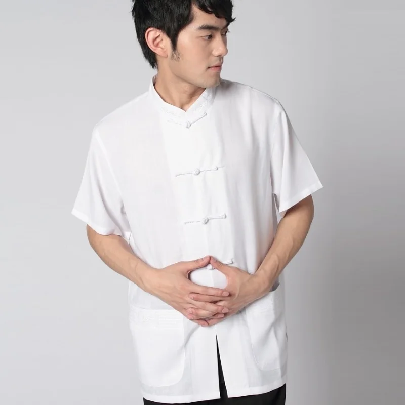 

Mens Short Sleeve Cotton Linen Chinese Traditional Clothes Tang Suit Top Tai Chi Kong Fu Uniform White Shirt Blouse