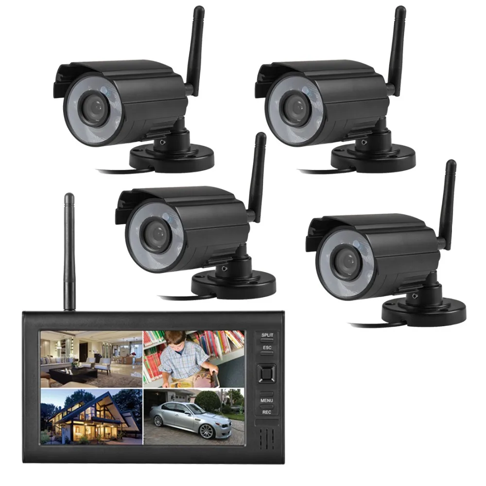 MOUNTAINONE 4CH digital wireless camera and DVR system support max 32GB , 7  inch TFT LCD Monitor with integrated video recorder