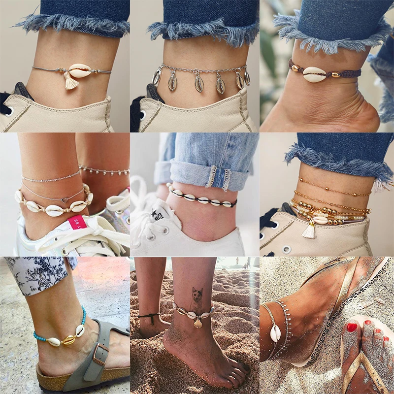 

HuaTang Bohemian Shell Beaded Pendant Anklets Set for Women Girl Adjustable Charming Foot Bracelet Anklets Tobillera Jewelry