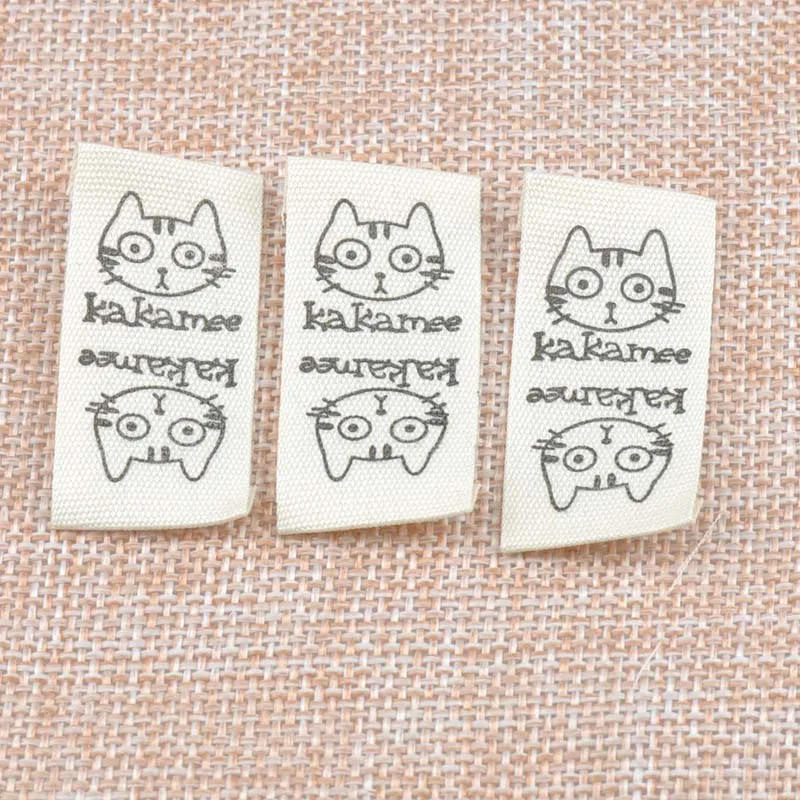 Cute cat Stock clothing label tags Beige Woven tagging labels for Clothing Shoes Bags Washable
