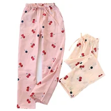 Весенне-осенние женские штаны для сна в Корейском стиле из хлопка, домашние штаны с принтом вишни, свободные штаны для сна, низ