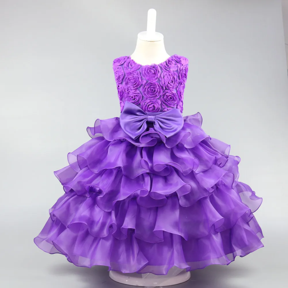 Купить летнее модное детское платье принцессы с бантом и розами свадебные