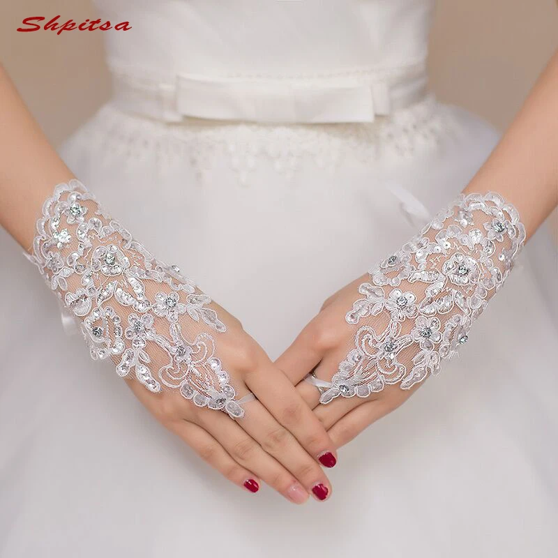 

White or Ivory Lace Short Wedding Bridal Gloves Fingerless for Bride Women
