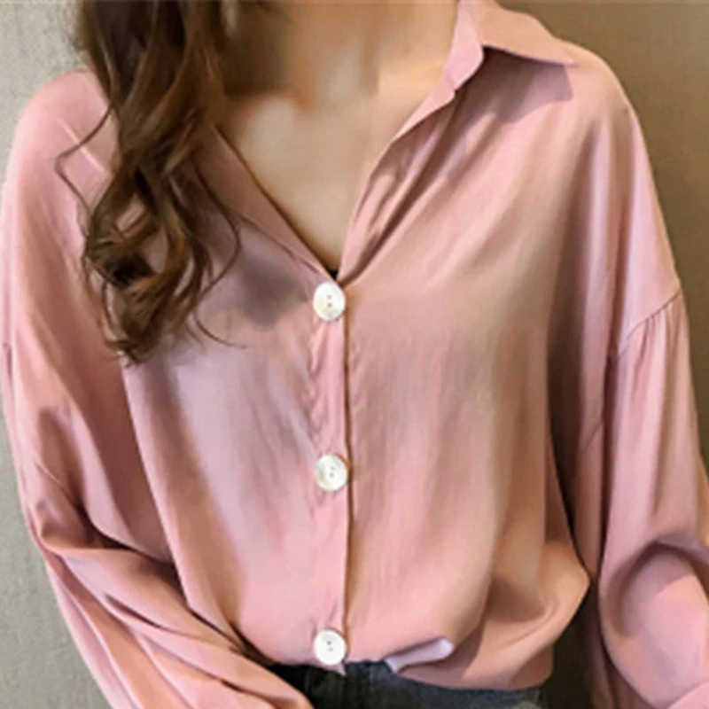 

2019 Ulzzang Womens Solid V-Neck Thin Tops And Blouses Ladies Casual Turn-down Collar Oversized Long Sleeve Shirts Blusas Mujer