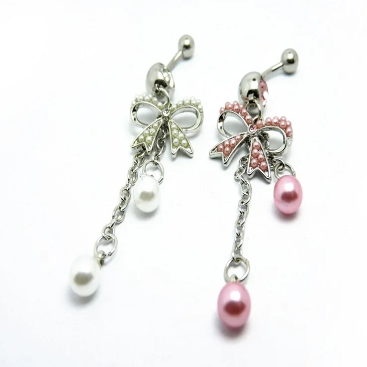 

1PC Pearl Kawaii Bowknot Navel Belly Button Ring Bar Rings Barbell Oil Drop Ball Body Piercing Body Jewelry Piercing de umbigo