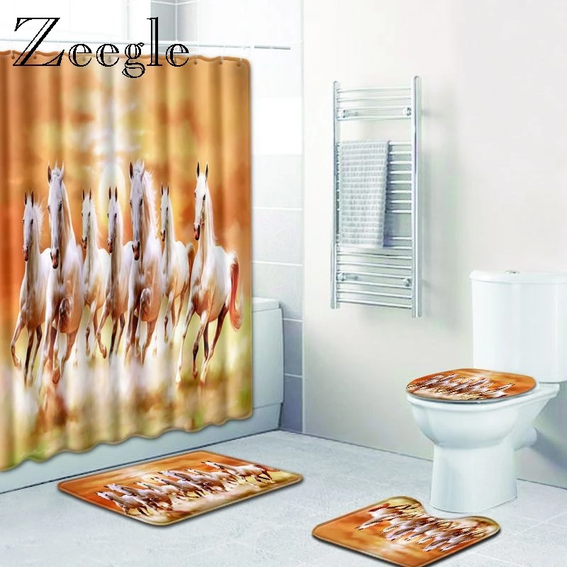

Zeegle Horse Pattern Bathroom Bath Mat Set Toilet Carpet Set Flannel Non-Slip Rug Set Toilet Lid Cover Shower Room Rug Floor Mat