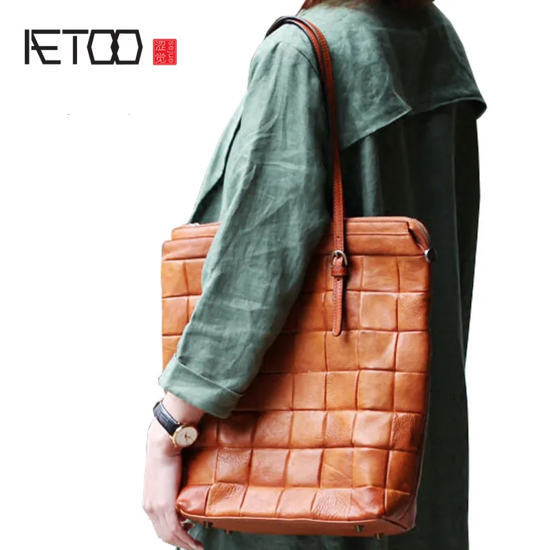 

AETOO Original design personality retro folk style handmade leather vertical section zipper tote new leather big bag