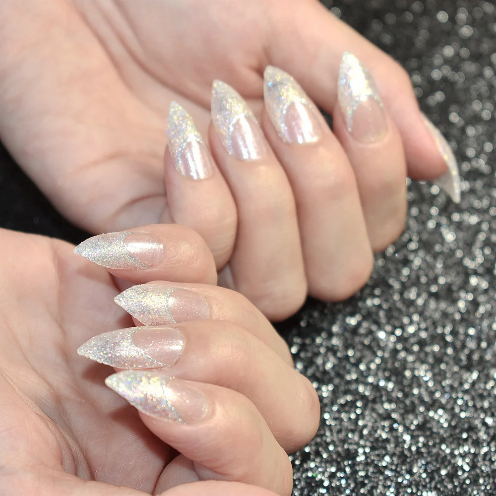 French Manicure Acrylic Nails With Glitter